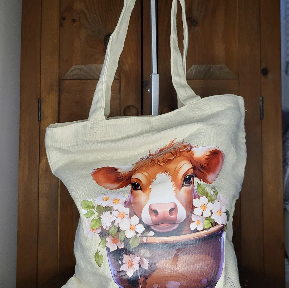 Canvas Tote Bag with Cow and Floral Design - Picture 10 of 13